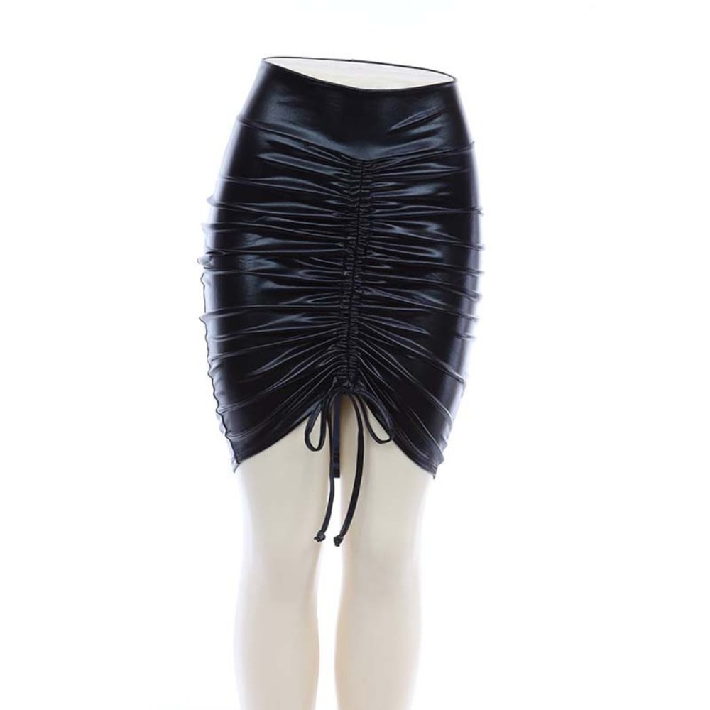 USA High Waist Drawstring  Skirt, Pu Leather Women Skirt Beautiful style Black